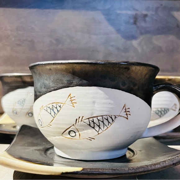 Hand Crafted Other - Set of 3 Studio Art Pottery Cup and Saucer Set